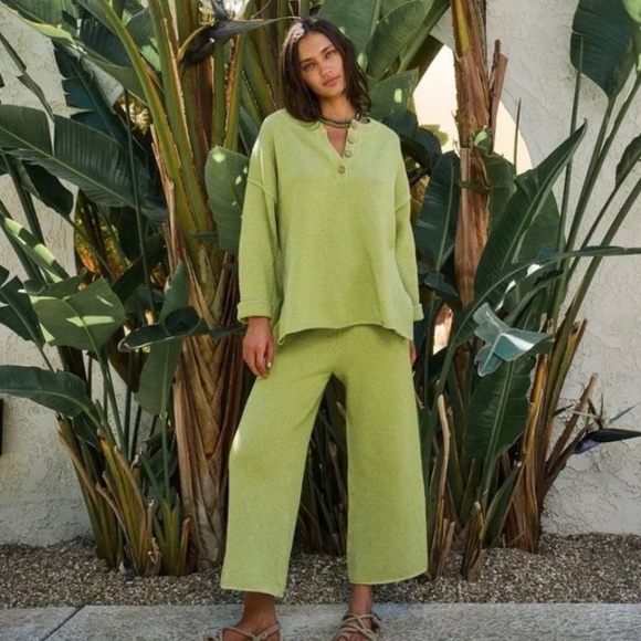 Free People Beach Hailee Citron Silk Henley Sweater and Pants Knit Lounge Set XS - Picture 1 of 13